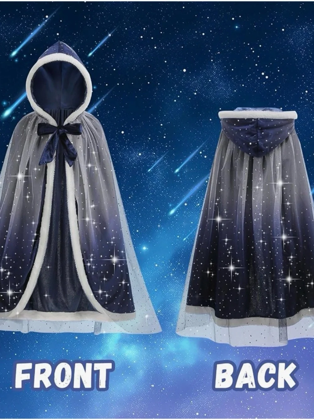 Winter Princess Navy Starry Hooded Cape for Kids - Faux Fur Trim 8/10